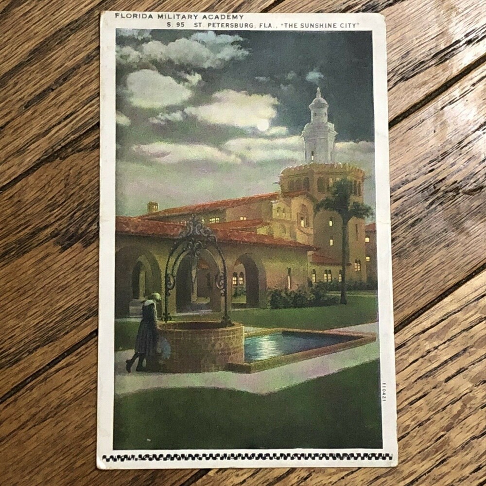 VTG Linen Postcard St Petersburg FL Military Academy Night Girl Crying WWI Oops?